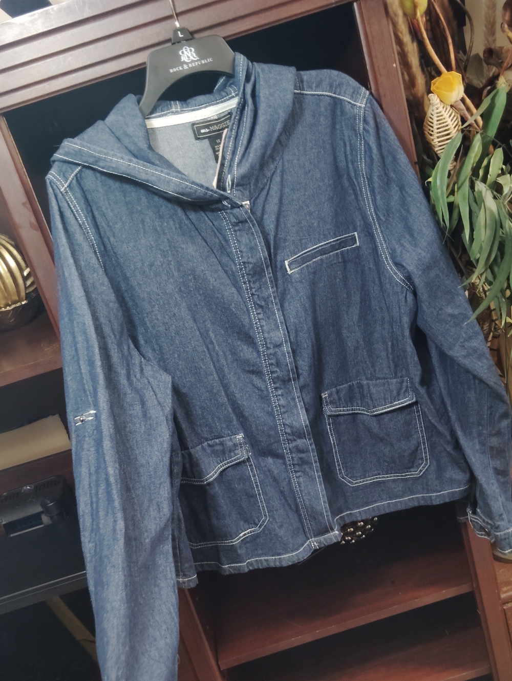 Denim Hooded Jean Jacket in Dark Blue.